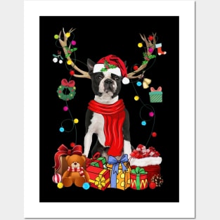 Black Boston Terrier Reindeer Santa Christmas Color Lights Posters and Art